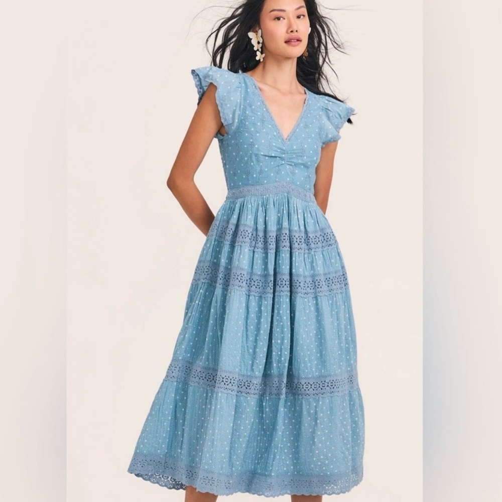 LoveShackFancy Blue Midi Sundress with Flutter Sleeves
